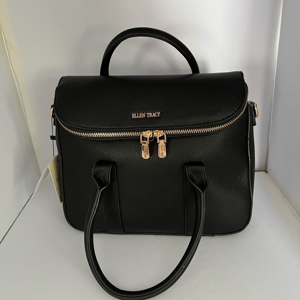 Ellen Tracy Black ISLA Pebble Grain Top Handle Satchel Crossbody Bag NWT